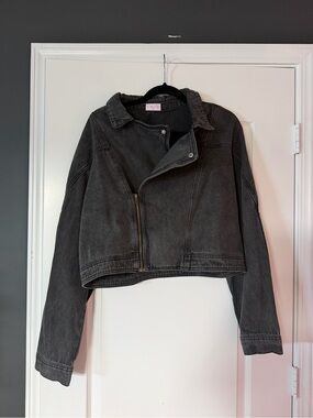 Pink Lily Washed Black Cropped Denim Moto Jacket